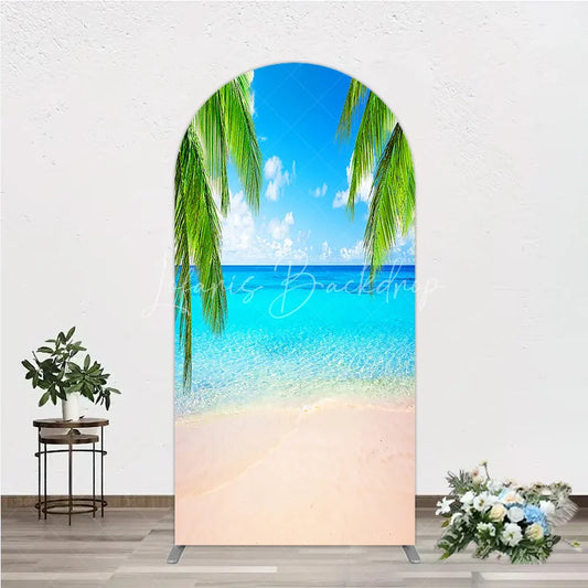 Lofaris Vibrant Tropical Beach with Blue Ocean and Sandy Shore Round Top Arch Backdrop Green Palm Trees Summer Party Decor