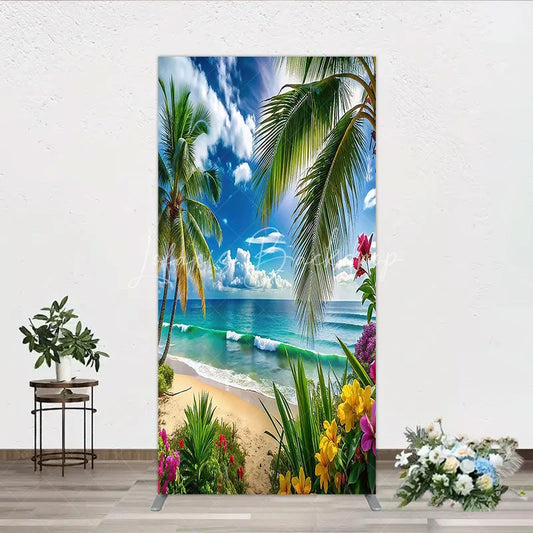 Lofaris Vibrant Tropical Beach with Palm Trees and Ocean Waves Rectangle Arch Backdrop Summer Vacation Party Decor
