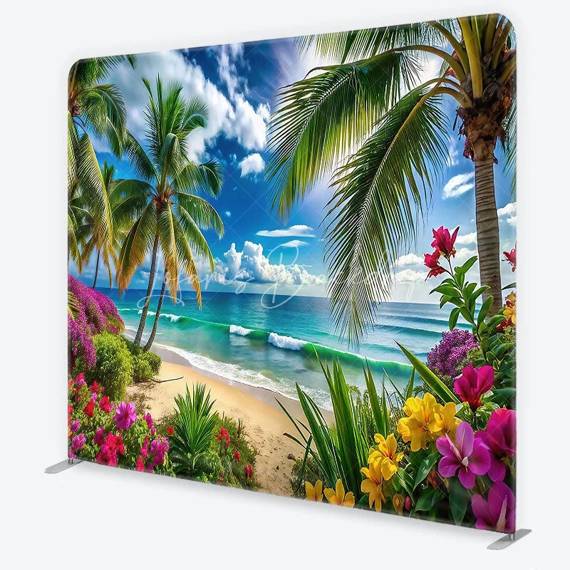 Lofaris Vibrant Tropical Beach with Palm Trees and Ocean Waves Square Double-Sided Backdrop Scenic Summer Party Decor