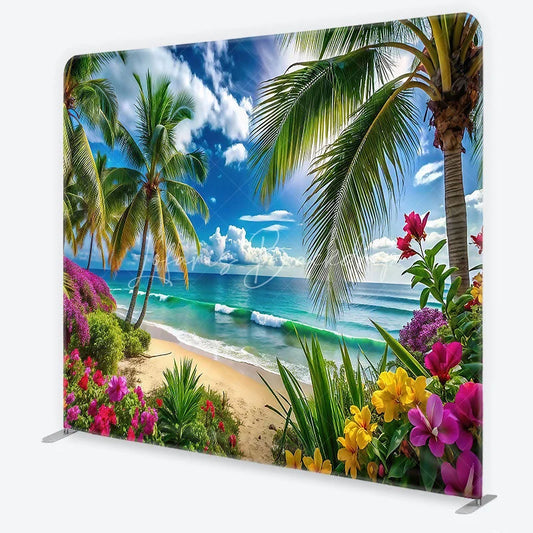 Lofaris Vibrant Tropical Beach with Palm Trees and Ocean Waves Square Double-Sided Backdrop Scenic Summer Party Decor
