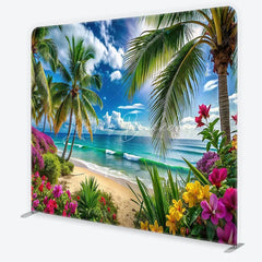 Lofaris Vibrant Tropical Beach with Palm Trees and Ocean Waves Square Double-Sided Backdrop Scenic Summer Party Decor