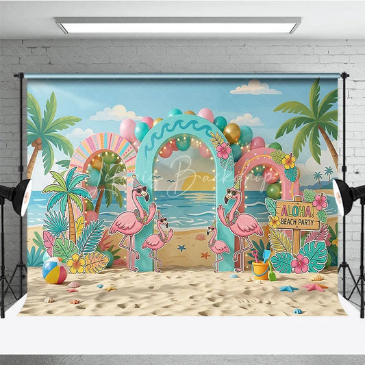 Lofaris Vibrant Tropical Flamingo Beach Party Photography Backdrop featuring Palm Trees and Aloha Sign for Summer Celebrations