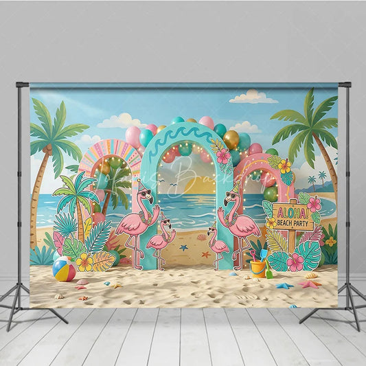 Lofaris Vibrant Tropical Flamingo Beach Party Photography Backdrop featuring Palm Trees and Aloha Sign for Summer Celebrations