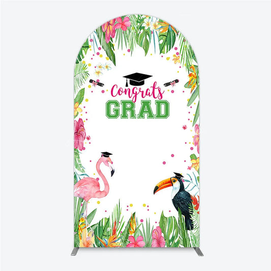 Lofaris Vibrant Tropical Graduation Arch Backdrop with Flamingo Toucan and Congrats GRAD Text for Festive Party Decor