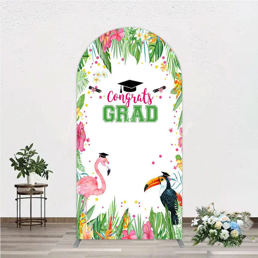Lofaris Vibrant Tropical Graduation Arch Backdrop with Flamingo Toucan and Congrats GRAD Text for Festive Party Decor