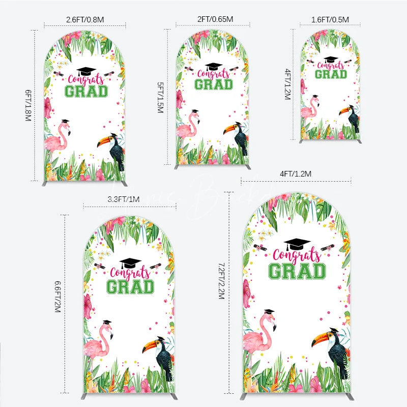 Lofaris Vibrant Tropical Graduation Arch Backdrop with Flamingo Toucan and Congrats GRAD Text for Festive Party Decor