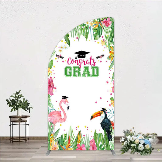 Lofaris Vibrant Tropical Graduation Half Moon Arch Backdrop with Flamingo Toucan and Congrats GRAD Text for Festive Party Decor