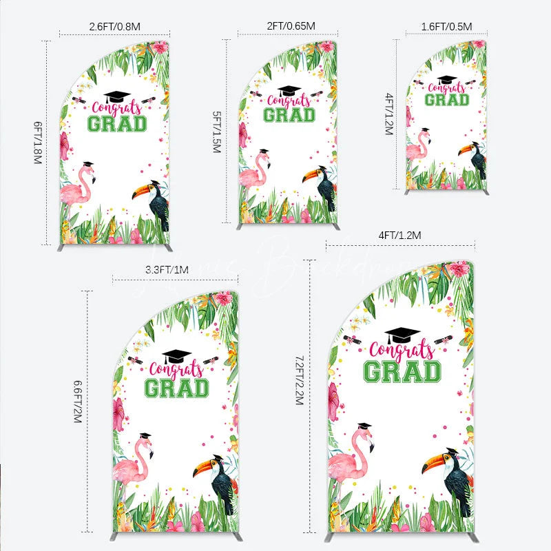Lofaris Vibrant Tropical Graduation Half Moon Arch Backdrop with Flamingo Toucan and Congrats GRAD Text for Festive Party Decor