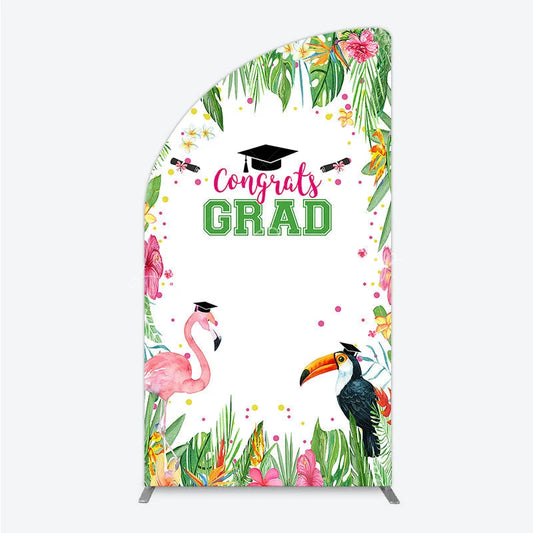 Lofaris Vibrant Tropical Graduation Half Moon Arch Backdrop with Flamingo Toucan and Congrats GRAD Text for Festive Party Decor