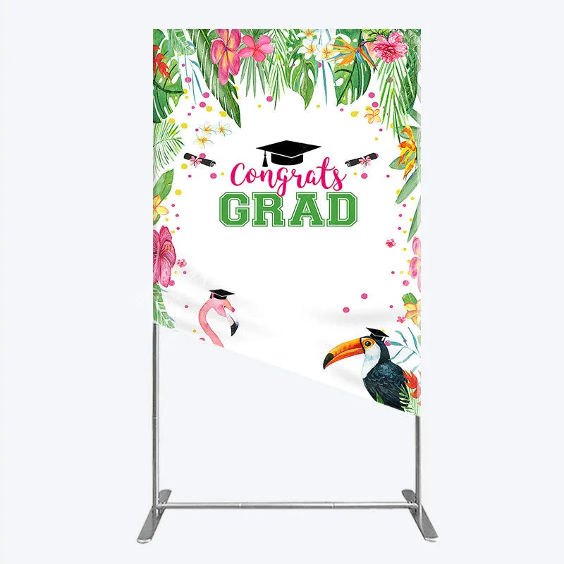 Lofaris Vibrant Tropical Graduation Rectangle Backdrop with Flamingo Toucan and Congrats GRAD Text for Festive Party Decor