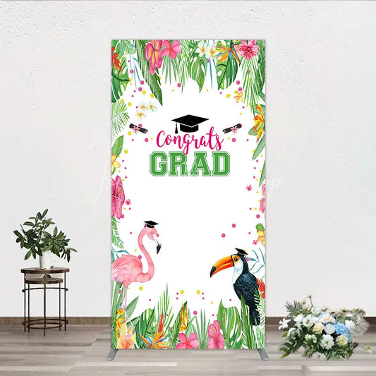 Lofaris Vibrant Tropical Graduation Rectangle Backdrop with Flamingo Toucan and Congrats GRAD Text for Festive Party Decor