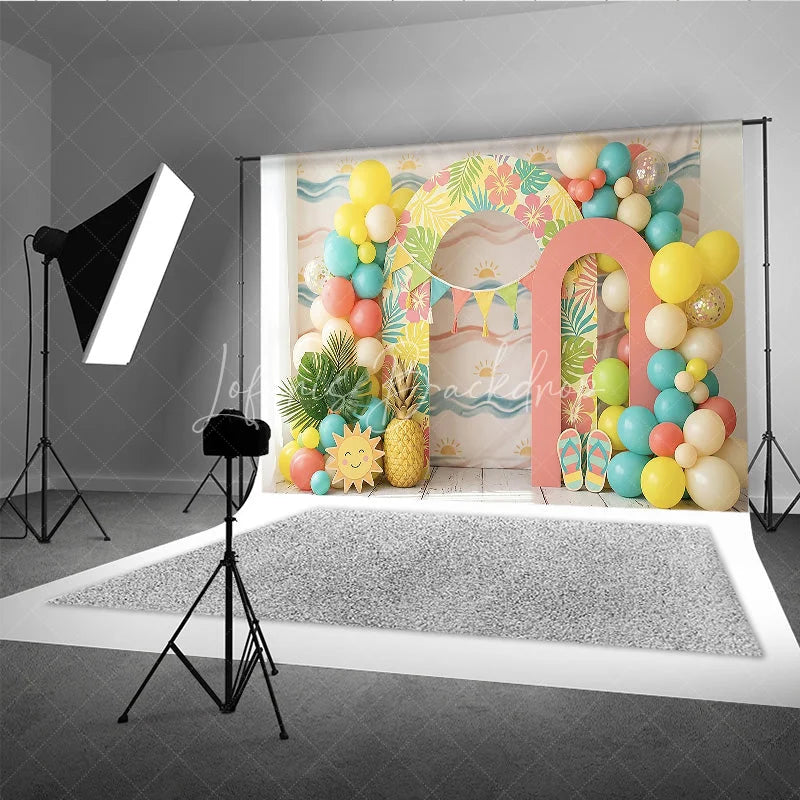 Lofaris Vibrant Tropical Hawaiian Photography Backdrop with Hibiscus Flowers and Palm Leaves Balloons for Summer Party Decor