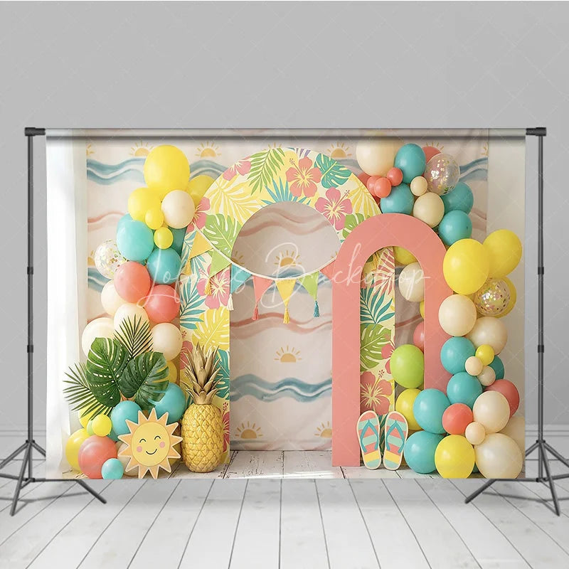 Lofaris Vibrant Tropical Hawaiian Photography Backdrop with Hibiscus Flowers and Palm Leaves Balloons for Summer Party Decor