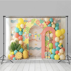 Lofaris Vibrant Tropical Hawaiian Photography Backdrop with Hibiscus Flowers and Palm Leaves Balloons for Summer Party Decor