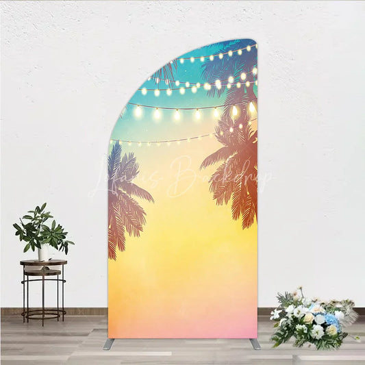Lofaris Vibrant Tropical Sunset Half Moon Arch Backdrop with Palm Trees and String Lights Summer Beach Party Decor