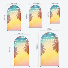 Lofaris Vibrant Tropical Sunset Palm Tree and String Lights Round Top Arch Backdrop Summer Beach Party Decor