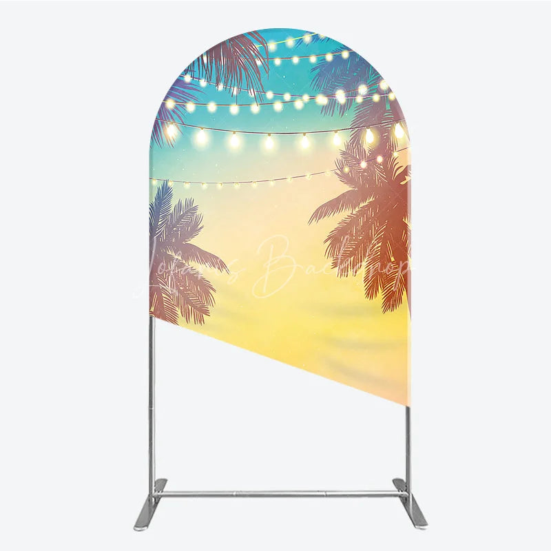 Lofaris Vibrant Tropical Sunset Palm Tree and String Lights Round Top Arch Backdrop Summer Beach Party Decor