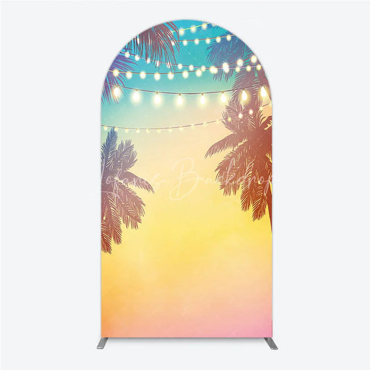 Lofaris Vibrant Tropical Sunset Palm Tree and String Lights Round Top Arch Backdrop Summer Beach Party Decor