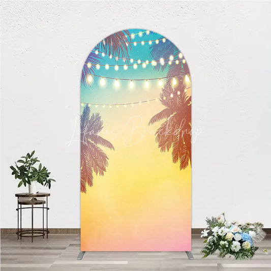 Lofaris Vibrant Tropical Sunset Palm Tree and String Lights Round Top Arch Backdrop Summer Beach Party Decor
