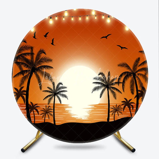 Lofaris Vibrant Tropical Sunset Round Backdrop Summer Beach Party Decor with Palm Trees and String Lights