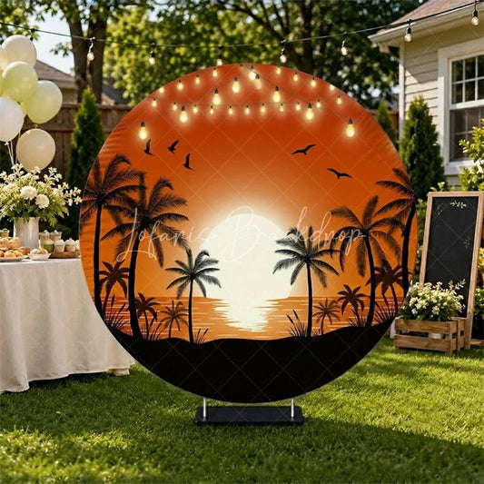 Lofaris Vibrant Tropical Sunset Round Backdrop Summer Beach Party Decor with Palm Trees and String Lights