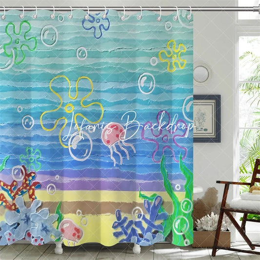 Lofaris Vibrant Undersea Shower Curtain Cartoon Jellyfish Colorful Sea Sponge Shapes and Ocean Coral Decor