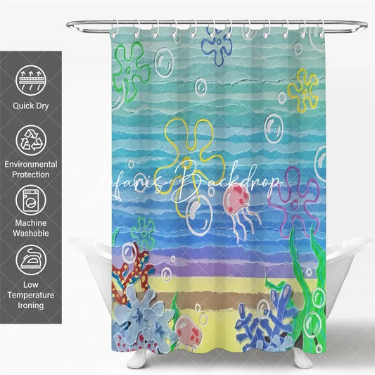 Lofaris Vibrant Undersea Shower Curtain Cartoon Jellyfish Colorful Sea Sponge Shapes and Ocean Coral Decor