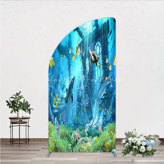 Lofaris Vibrant Underwater Ocean Half Moon Arch Backdrop with Dolphins Sea Turtle and Colorful Fish for Birthday Party