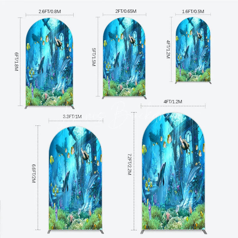 Lofaris Vibrant Underwater Ocean Round Top Arch Backdrop with Dolphins Sea Turtle Fish Sunken Ruins Coral Reef Party Decor