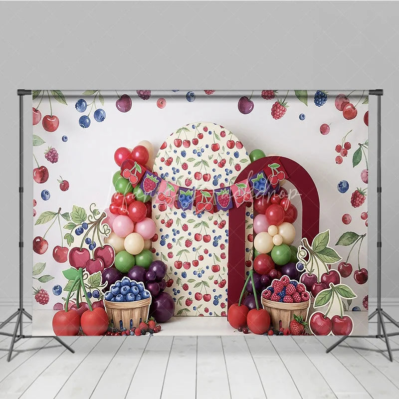 Lofaris Vibrant Watercolor Berry Photography Backdrop Sweet Cherry and Blueberry Theme for Birthday Party Decor