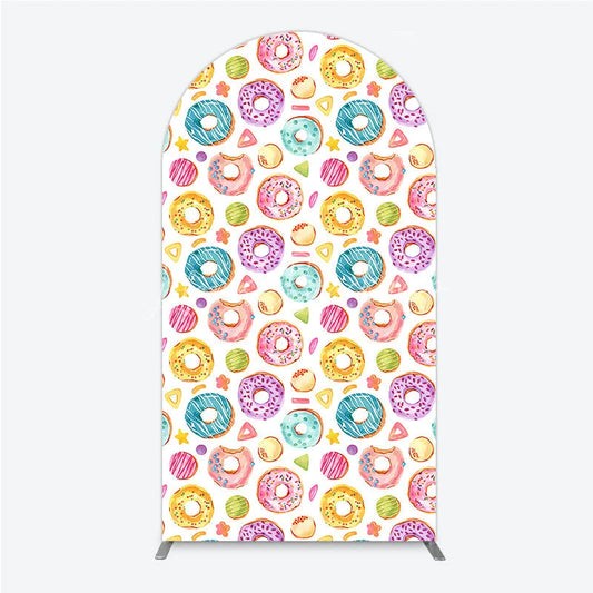 Lofaris Vibrant Watercolor Donut and Candy Sprinkles Round Top Arch Backdrop Sweet Birthday Party Decoration