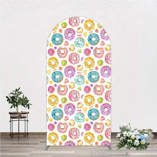 Lofaris Vibrant Watercolor Donut and Candy Sprinkles Round Top Arch Backdrop Sweet Birthday Party Decoration