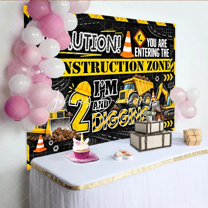 Lofaris Vibrant Yellow and Black Construction Zone 2nd Birthday Backdrop featuring Bulldozer Dump Truck