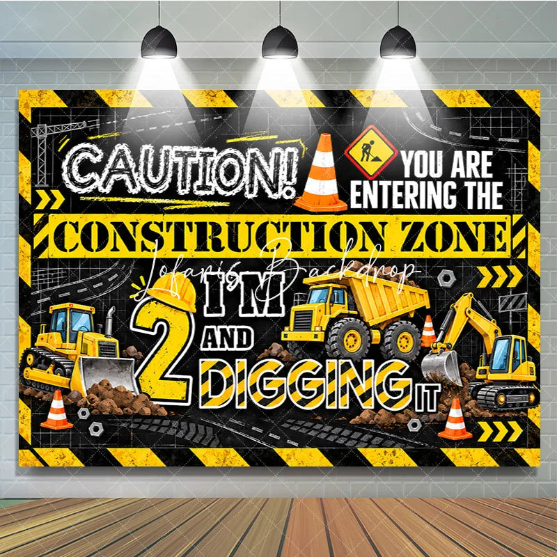 Lofaris Vibrant Yellow and Black Construction Zone 2nd Birthday Backdrop featuring Bulldozer Dump Truck