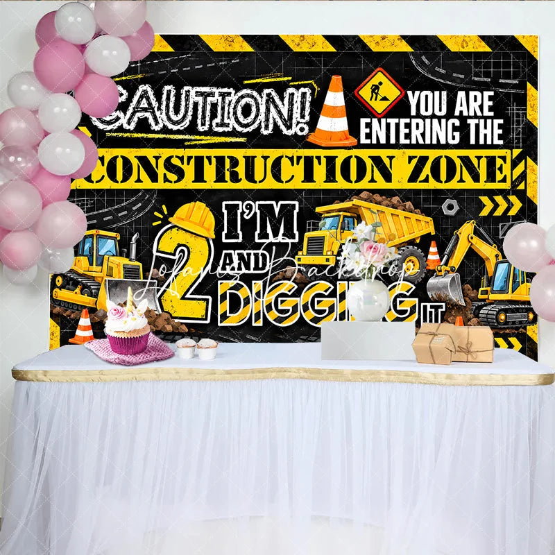 Lofaris Vibrant Yellow and Black Construction Zone 2nd Birthday Backdrop featuring Bulldozer Dump Truck