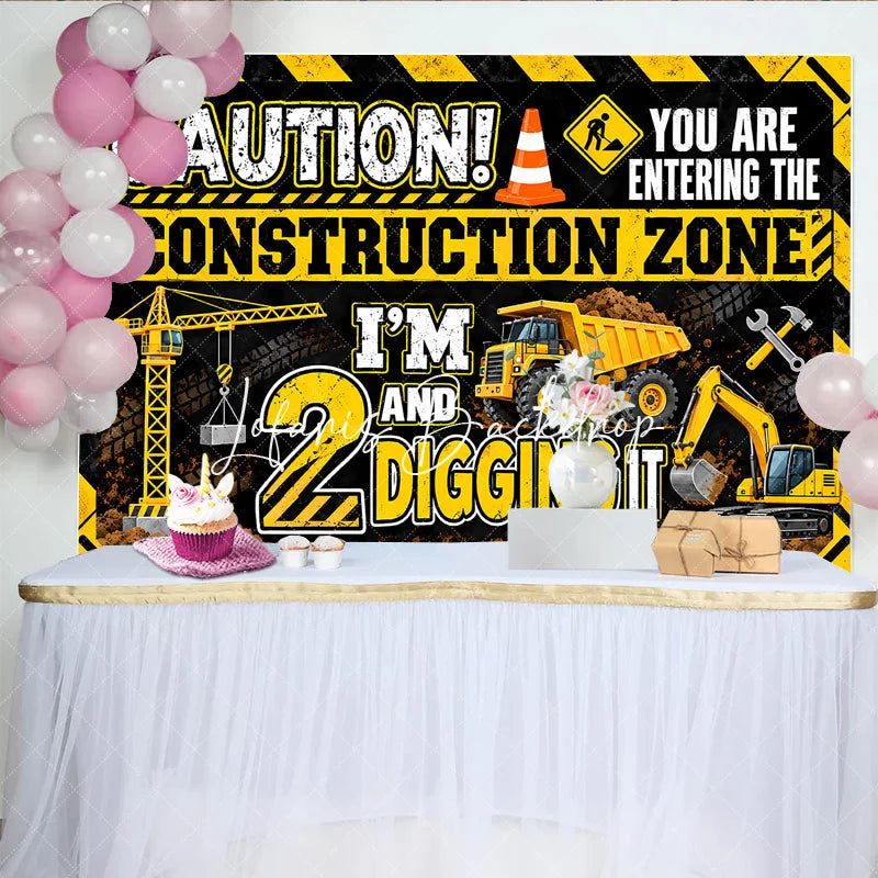 Lofaris Vibrant Yellow Black Construction Zone 2nd Birthday Backdrop featuring Crane Dump Truck Excavator for Boys Party Decor