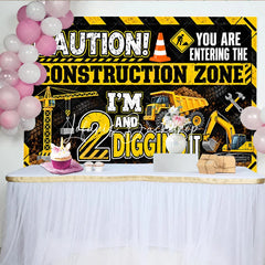 Lofaris Vibrant Yellow Black Construction Zone 2nd Birthday Backdrop featuring Crane Dump Truck Excavator for Boys Party Decor