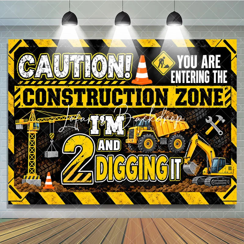 Lofaris Vibrant Yellow Black Construction Zone 2nd Birthday Backdrop featuring Crane Dump Truck Excavator for Boys Party Decor