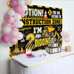 Lofaris Vibrant Yellow Black Construction Zone 2nd Birthday Backdrop featuring Crane Dump Truck Excavator for Boys Party Decor