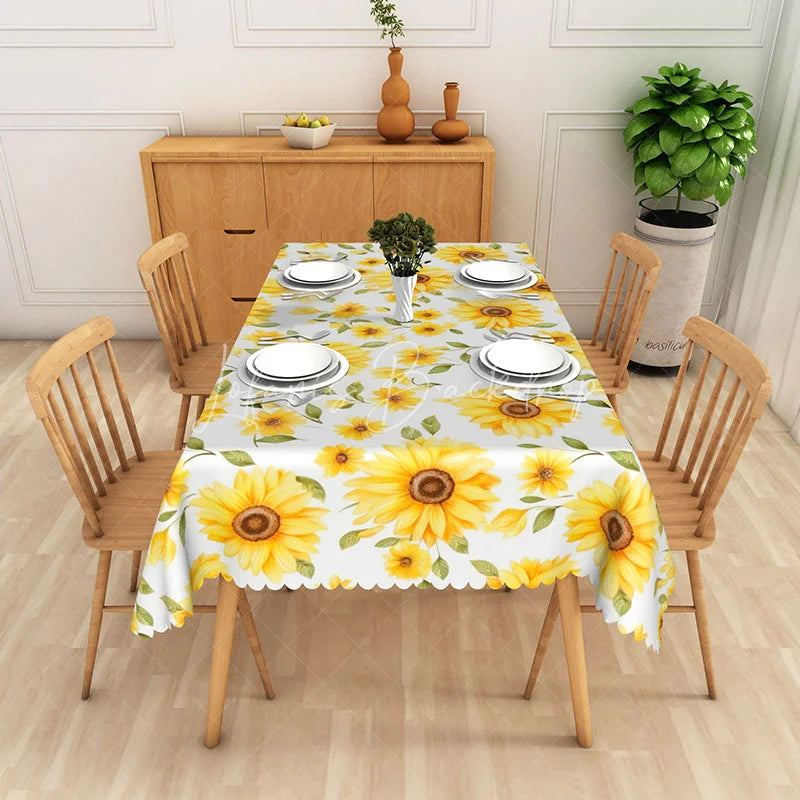 Lofaris Vibrant Yellow Sunflower Rectangle Tablecloth Summer Floral and Green Leaf Table Cover Farmhouse Decor