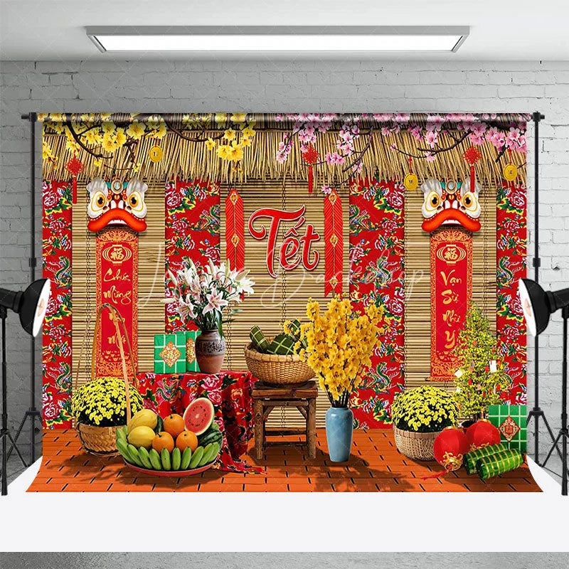 Lofaris Vietnamese Lunar New Year Tet Backdrop Traditional Yellow Apricot Blossom Background Spring Festival Party Decoration