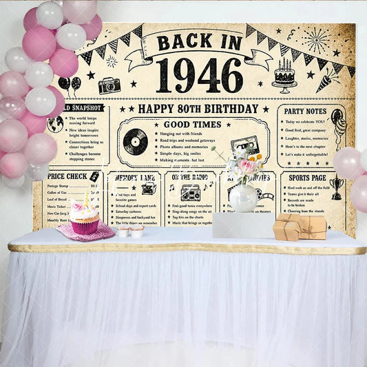 Lofaris Vintage 1946 Happy 80th Birthday Newspaper Style Facts backdrop Retro Memory Lane Party Decor