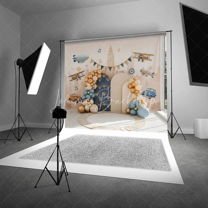 Lofaris Vintage Airplane and Car City Backdrop Retro Travel Theme for Boy Birthday Cake Smash