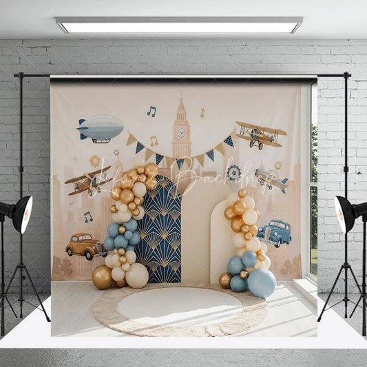 Lofaris Vintage Airplane and Car City Backdrop Retro Travel Theme for Boy Birthday Cake Smash