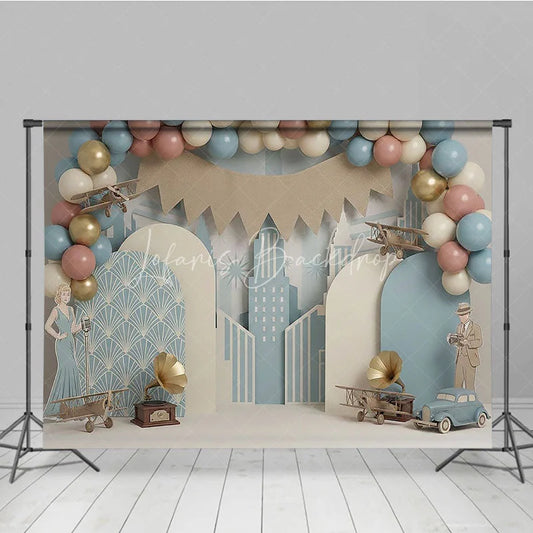 Lofaris Vintage Airplane First Birthday Backdrop Retro Blue City and Antique Aviation Cake Smash Photography Background