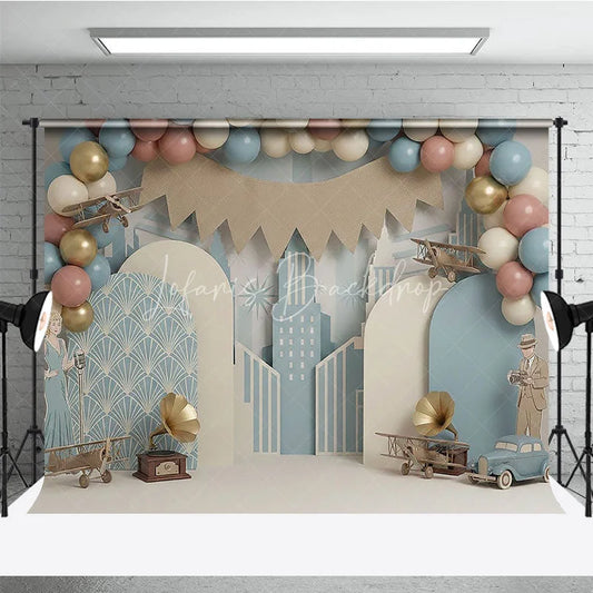 Lofaris Vintage Airplane First Birthday Backdrop Retro Blue City and Antique Aviation Cake Smash Photography Background