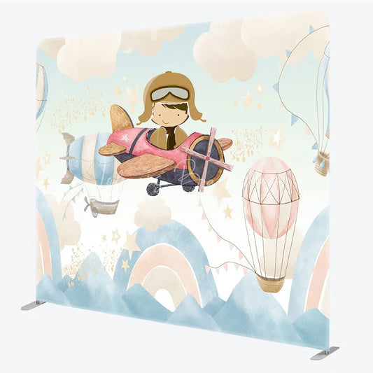 Lofaris Vintage Airplane Tension Fabric Backdrop Hot Air Balloon Clouds Decor Sky Aviator Theme Background for Birthday