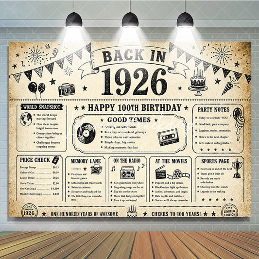Lofaris Vintage Back in 1926 Happy 100th Birthday Backdrop Nostalgic Infographic Party Decor for Centennial Celebration