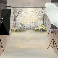 Lofaris Vintage Bicycle and White Fence Backdrop Yellow Flowers Spring Garden Scene Romantic Outdoor Photography