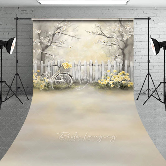 Lofaris Vintage Bicycle and White Fence Backdrop Yellow Flowers Spring Garden Scene Romantic Outdoor Photography